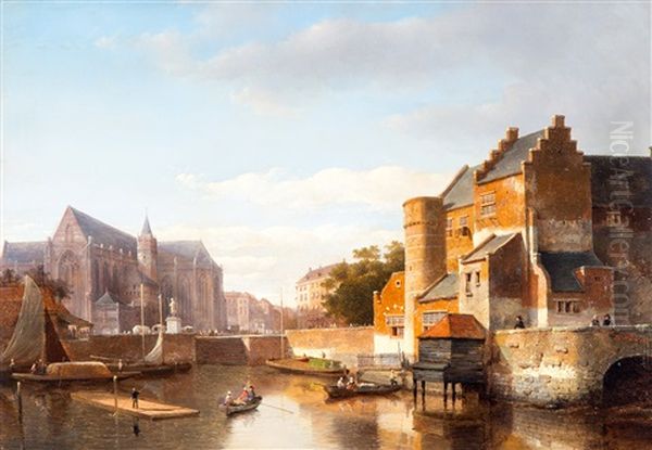 A Capriccio View Of A Dutch Town Along A Canal Oil Painting by Kasparus Karsen