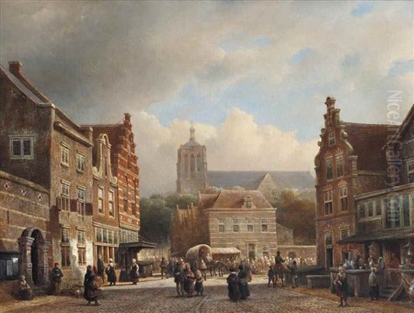 A Bustling Day On A Sunlit Town Square Oil Painting by Kasparus Karsen