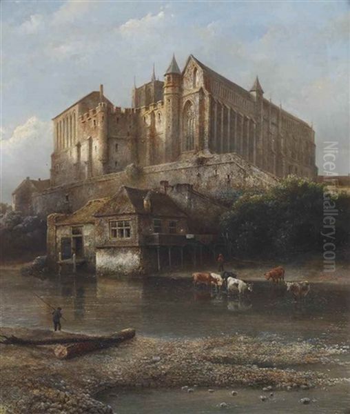 A Fortified Monestry Oil Painting by Kasparus Karsen