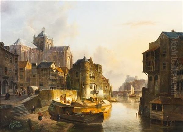 Bruges-the Cathedral On The River Oil Painting by Kasparus Karsen