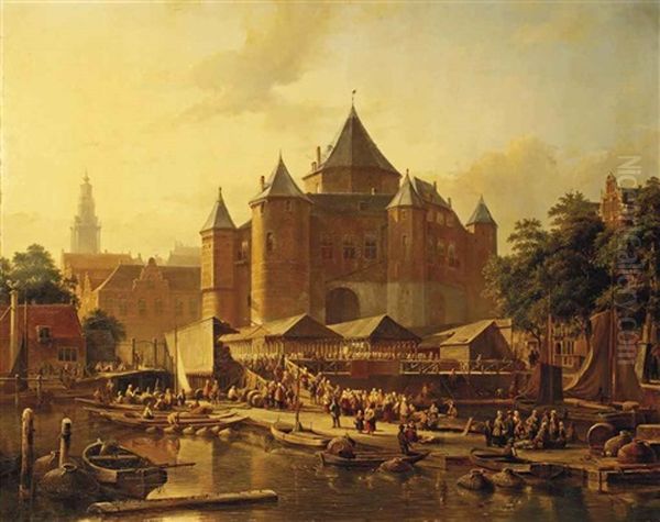 A Fish Market By De Waag On The Nieuwmarkt, Amsterdam Oil Painting by Kasparus Karsen