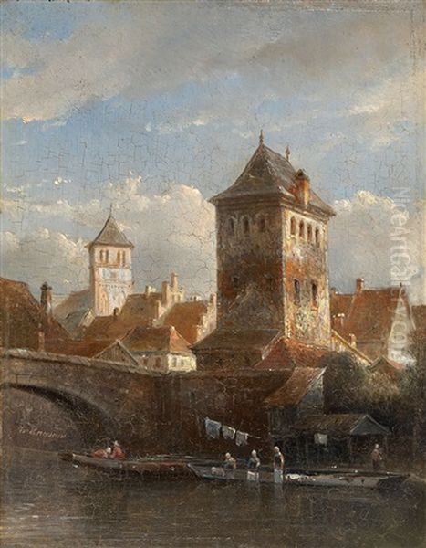 A View Of A Riverside Town With Laundresses Oil Painting by Kasparus Karsen