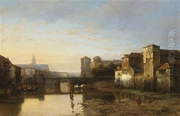 A View Of A Riverside Town Oil Painting by Kasparus Karsen