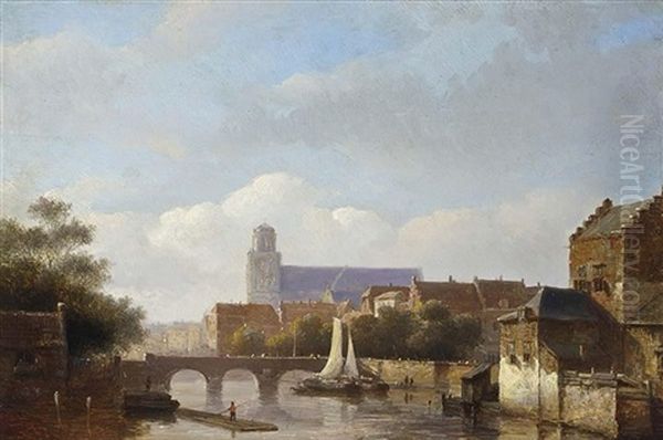 A View Of A Riverside Town Oil Painting by Kasparus Karsen