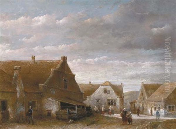 A Dutch Provincial Village Oil Painting by Kasparus Karsen