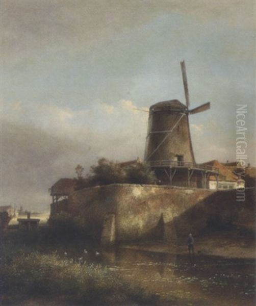 Fishing By The Windmill Oil Painting by Kasparus Karsen