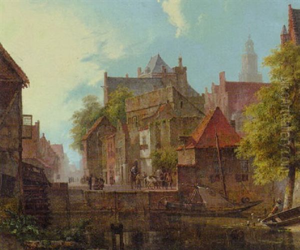 Street Scene With Canal Oil Painting by Kasparus Karsen