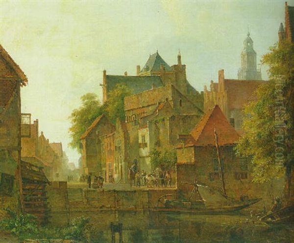 A View Of A Town With A Blacksmith At Work On A Quay Oil Painting by Kasparus Karsen