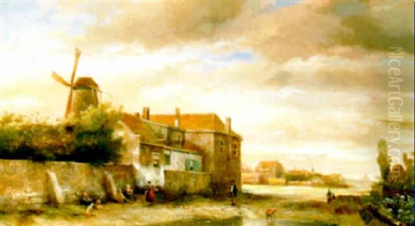 Landschap Met Links Huis En Een Molen En Kinderen Bij Een Muurtje Oil Painting by Kasparus Karsen