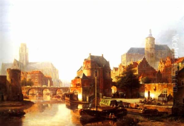 A View Of A Town With Figures Unloading A Boat Oil Painting by Kasparus Karsen