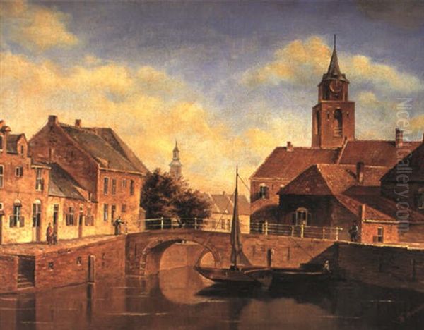 Hollandsk Byprospekt Med Bro Og Kirke Oil Painting by Kasparus Karsen