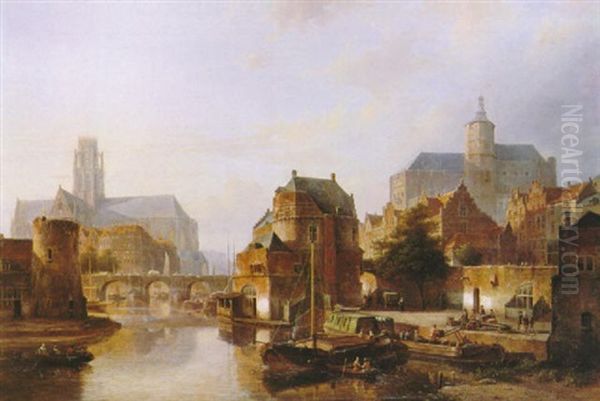 A Town Along A River With Moored Shipping And Figures       Unloading A Flat, Churches Beyond Oil Painting by Kasparus Karsen