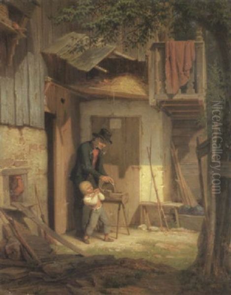 Vor Einem Bauernhaus Schleift Ein Handwerksbursche Die Stumpfen Messer Oil Painting by Adolph Karst