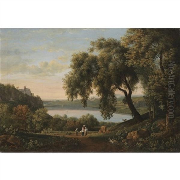 A View Of The Castel Gandolfo On Lake Albano Oil Painting by Elisabet Charlotta Karsten