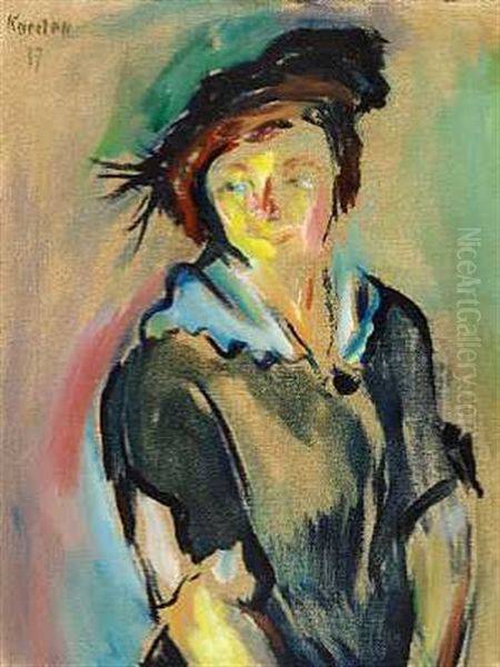 Portraet Af Ung Kvinde Med Hat Oil Painting by Ludvig Peter Karsten