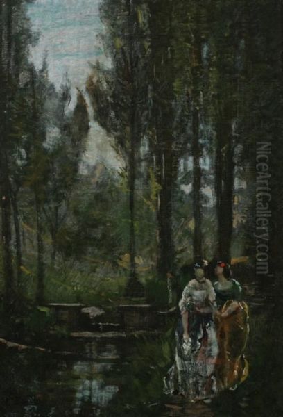 Womenalong Forest Path Oil Painting by Eugene Baudin