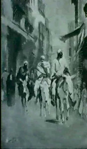 Notables Chevauchant Leurs Mules Dans Les Rues Du Caire Oil Painting by Mor Karvaly