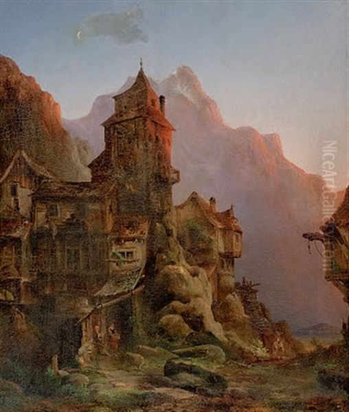 Abendstimmung Beim Alpenschloss Oil Painting by Albert Friedrich Kaselitz