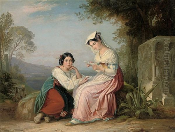 Exchanging News Above The Roman Campagna Oil Painting by August Kaselowsky