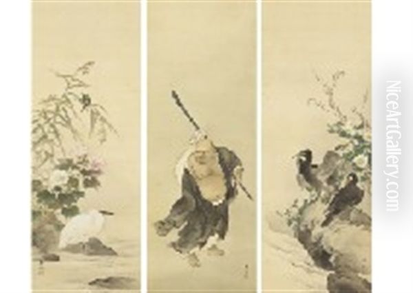 Hotei Spring Autumn Flower Birds(a Set Of 3 Scrolls) Oil Painting by Suzuki Kason