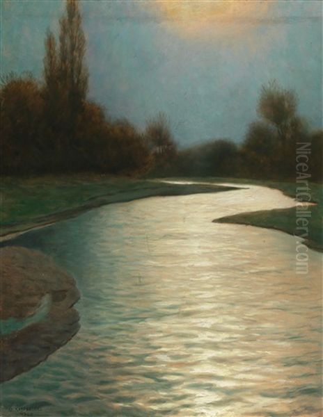 River Landscape In Moonlight Oil Painting by Eduard Kasparides