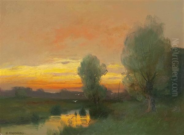 Sonnenuntergang Links Unten Signiert Ed. Kasparides Oil Painting by Eduard Kasparides