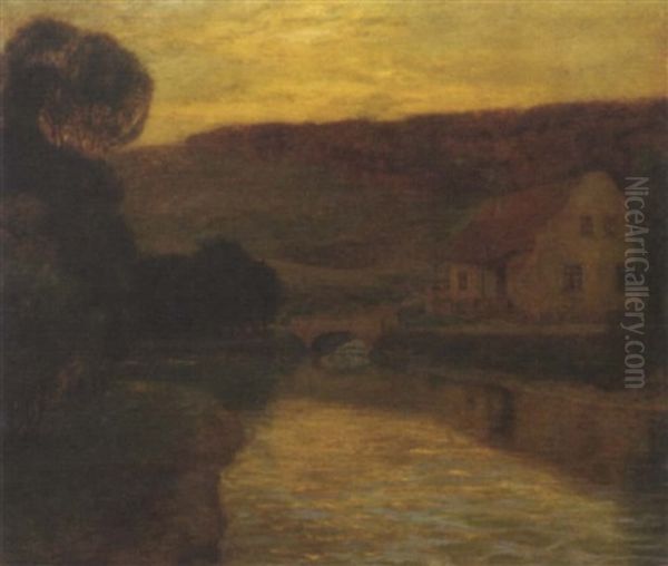 A River Landscape At Sunset Oil Painting by Eduard Kasparides