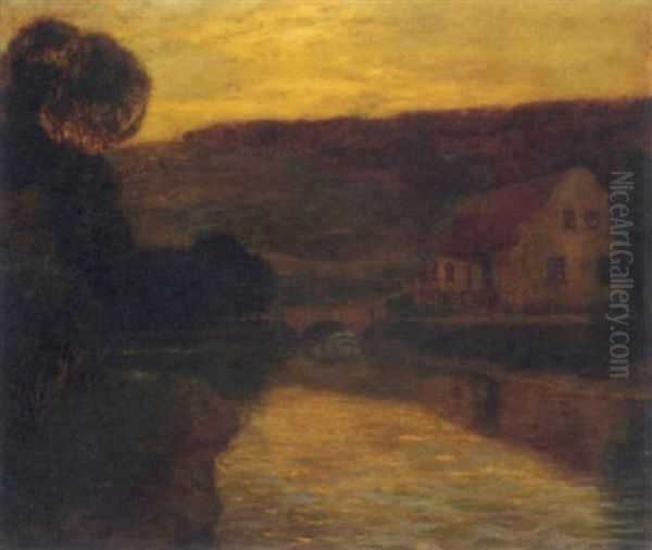 A River Landscape At Sunset Oil Painting by Eduard Kasparides