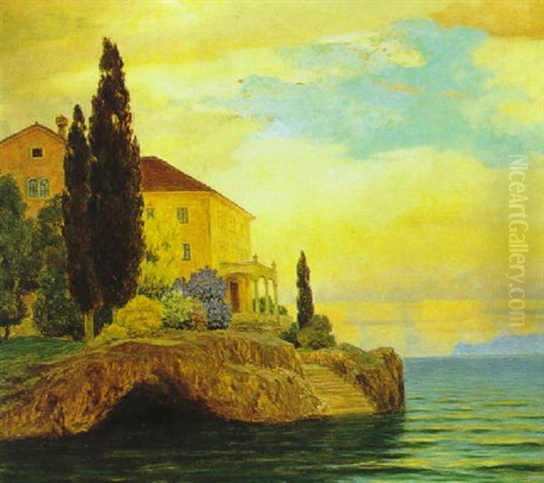 Villa Am Meer (blick Von Der Halbinsel Lapat Auf Gravosa) Oil Painting by Eduard Kasparides