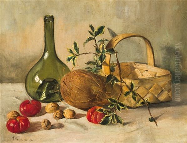 Stillleben Mit Kokosnus, Flasche Und Spankorb by Johanna Margaretha Van De Kasteele