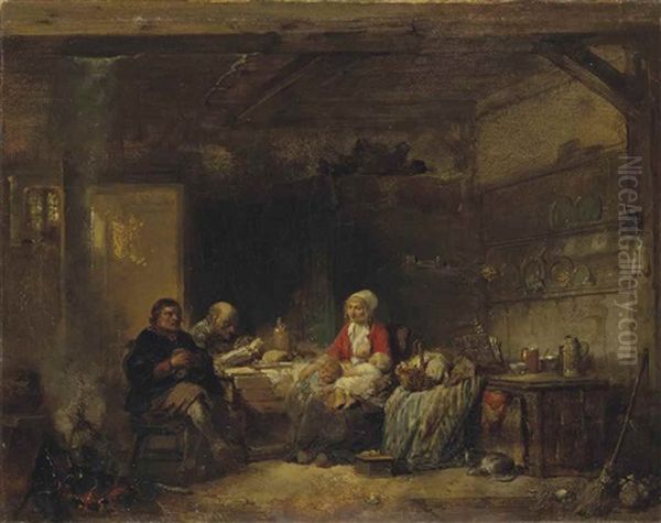 Interieur Avec Des Paysans Et Une Femme Allaitant Oil Painting by Herman Frederik Carel ten Kate