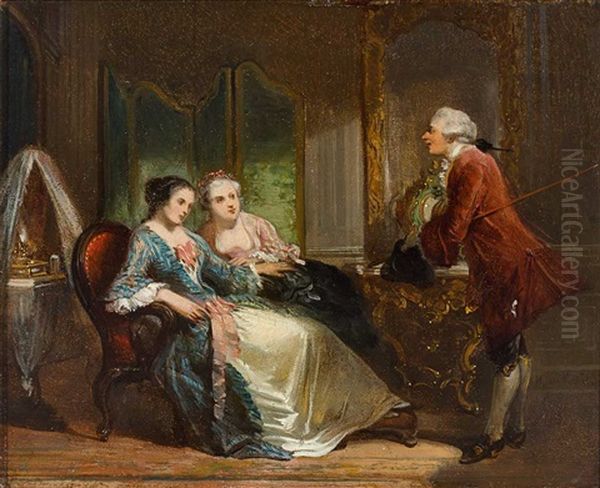 Kavalier Macht Zwei Damen In Einem Salon Seine Aufwartung Oil Painting by Herman Frederik Carel ten Kate