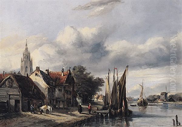 Malerische Kleinstadt An Einem Flusslauf Mit Booten, Windmuhle, Alten Hausern Und Kirche Oil Painting by Herman Frederik Carel ten Kate