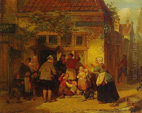 Boys Fighting Outside A Tavern Oil Painting by Herman Frederik Carel ten Kate