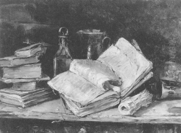 Still Life Of Books On A Table Oil Painting by Herman Frederik Carel ten Kate