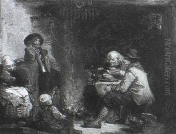 Figures Beside A Fire In An Interior Oil Painting by Herman Frederik Carel ten Kate