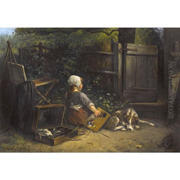 Sitzendes Madchen Mit Malpalette Und Hund Oil Painting by Johannes Marius ten Kate