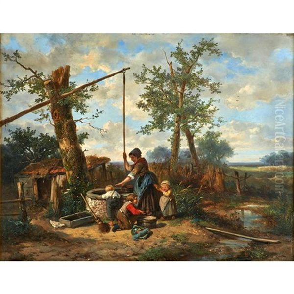 Landscape Of A Woman And Three Children Around A Well Oil Painting by Johannes Marius ten Kate