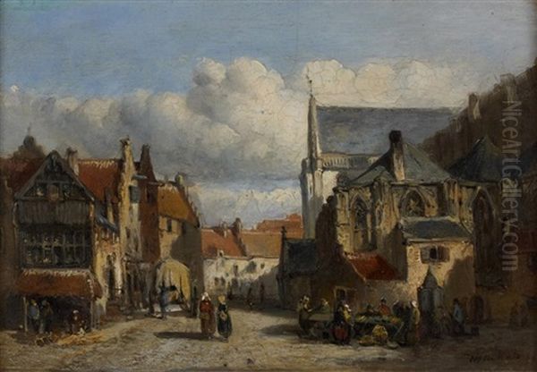 Rue Animee Pres D'une Eglise by Johannes Marius ten Kate