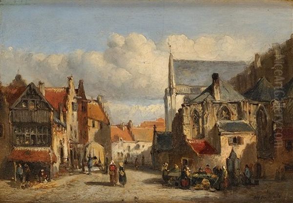 Rue Animee Pres D'une Eglise Oil Painting by Johannes Marius ten Kate