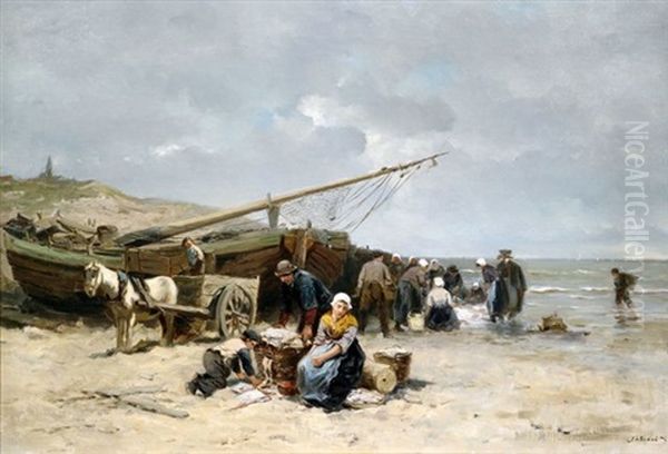 Fischer Entladen Ihren Fang Am Strand Oil Painting by Johannes Marius ten Kate