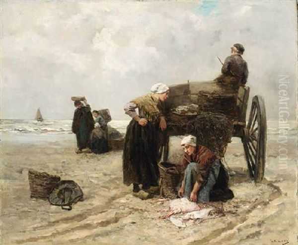 Fisherwomen On The Beach Oil Painting by Johannes Marius ten Kate