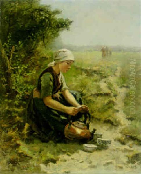 A Rest In The Fields Oil Painting by Johannes Marius ten Kate