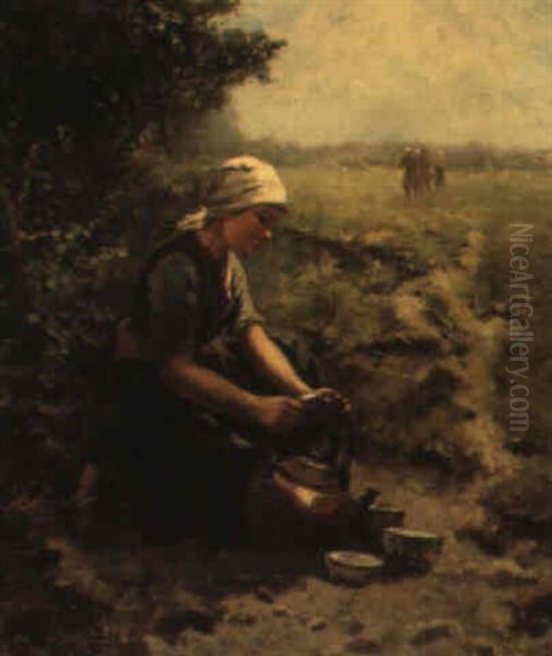 Tea-time In The Fields Oil Painting by Johannes Marius ten Kate