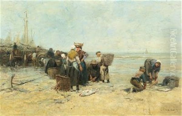 Fishermen On The Beach Oil Painting by Mari ten Kate