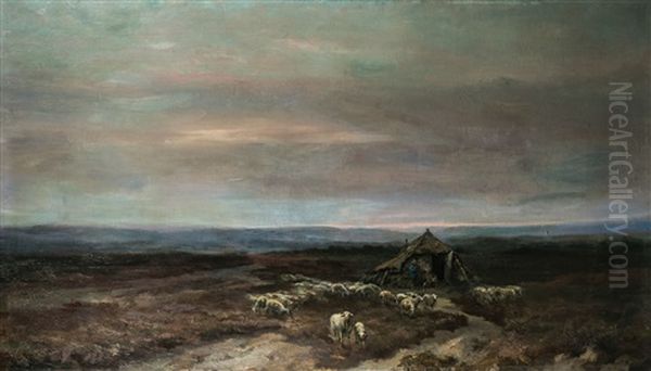 Bauer Mit Schafherde In Der Abenddammerung Oil Painting by Mari ten Kate