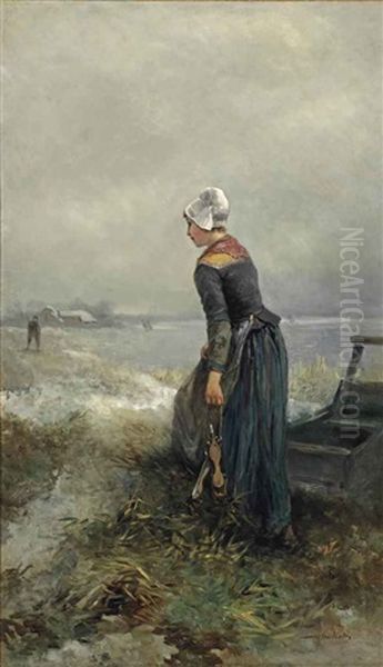 A Girl With Ice Skates, Marken Oil Painting by Mari ten Kate