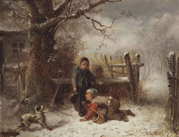 Children Playing In The Snow Oil Painting by Mari ten Kate