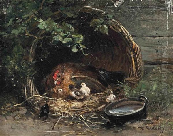 A Hen And Her Chicks In The Farmyard Oil Painting by Mari ten Kate