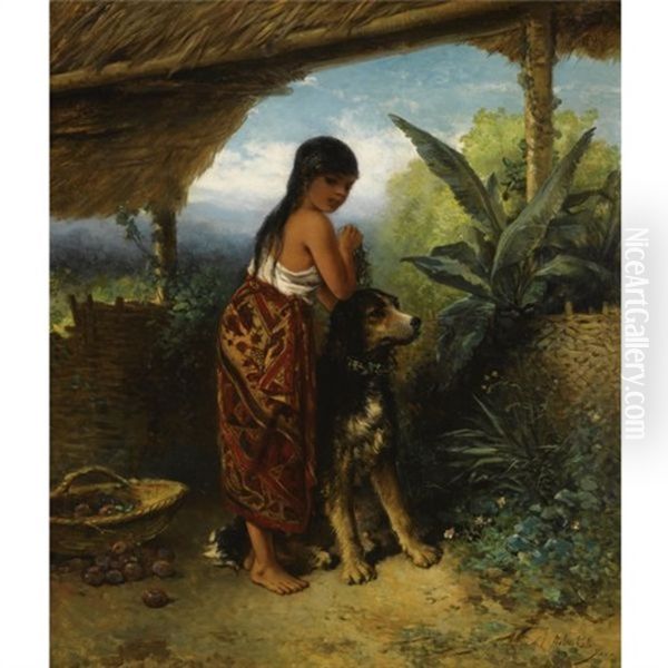 A Javanese Girl Tending To Her Dog Oil Painting by Mari ten Kate